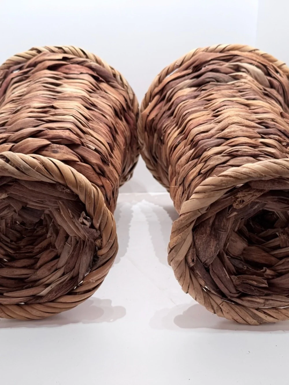 Vintage Pair Woven Wicker Urn Style Pedestal Vases